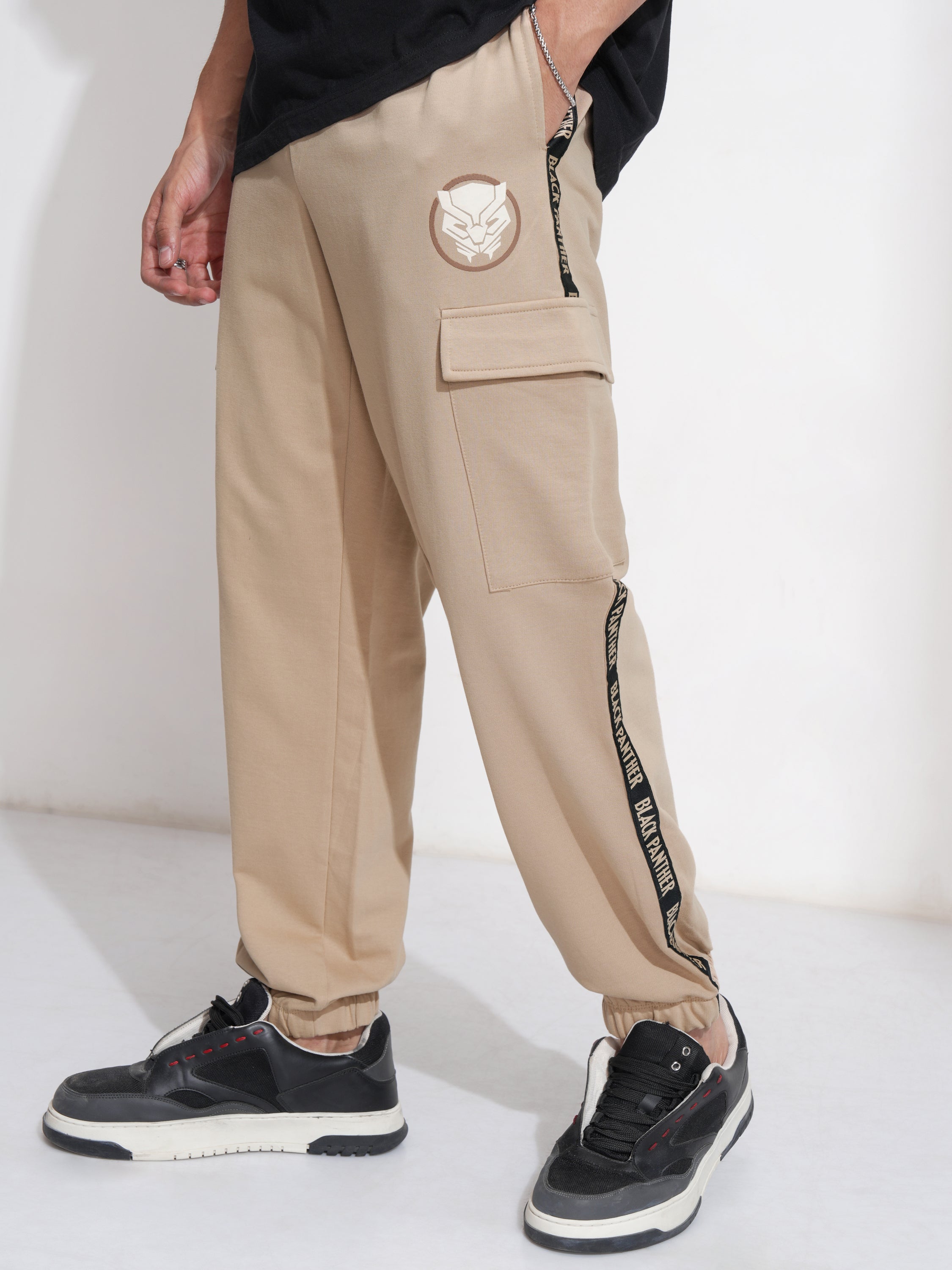 Marvel By Highlander Men Nude Black Panther Relaxed Fit Solid Cargos - Nude - Image 4