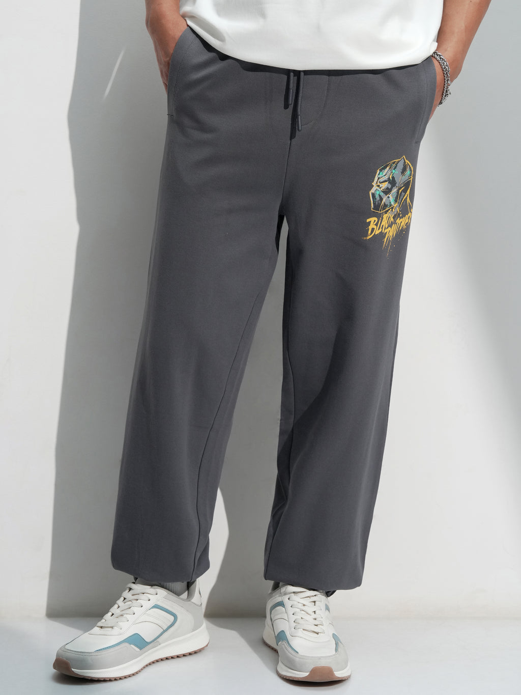 Marvel By Highlander Men Grey Black Panther Solid Relaxed Fit Joggers - Grey - Image 1