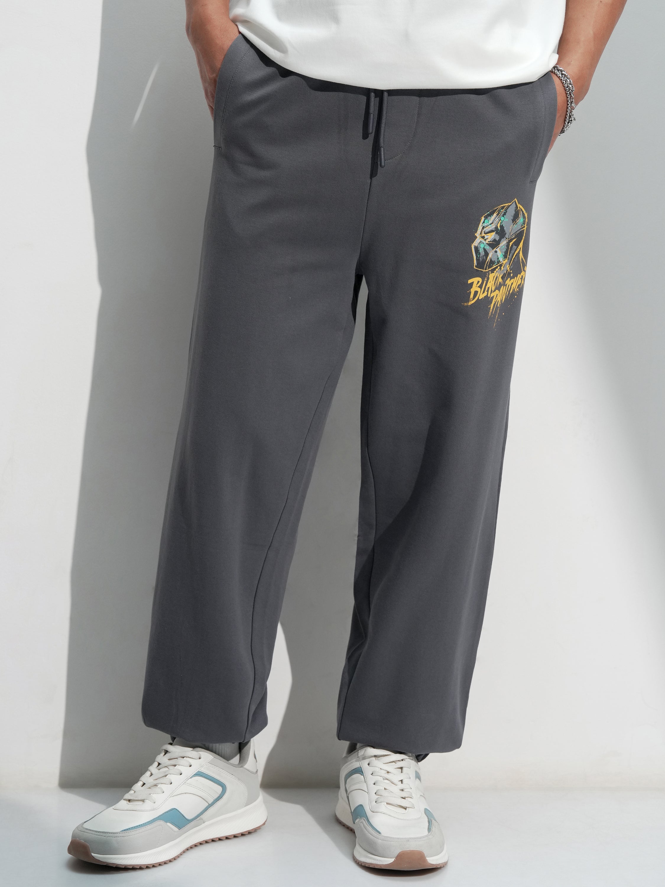 Marvel By Highlander Men Grey Black Panther Solid Relaxed Fit Joggers - Grey - Image 1