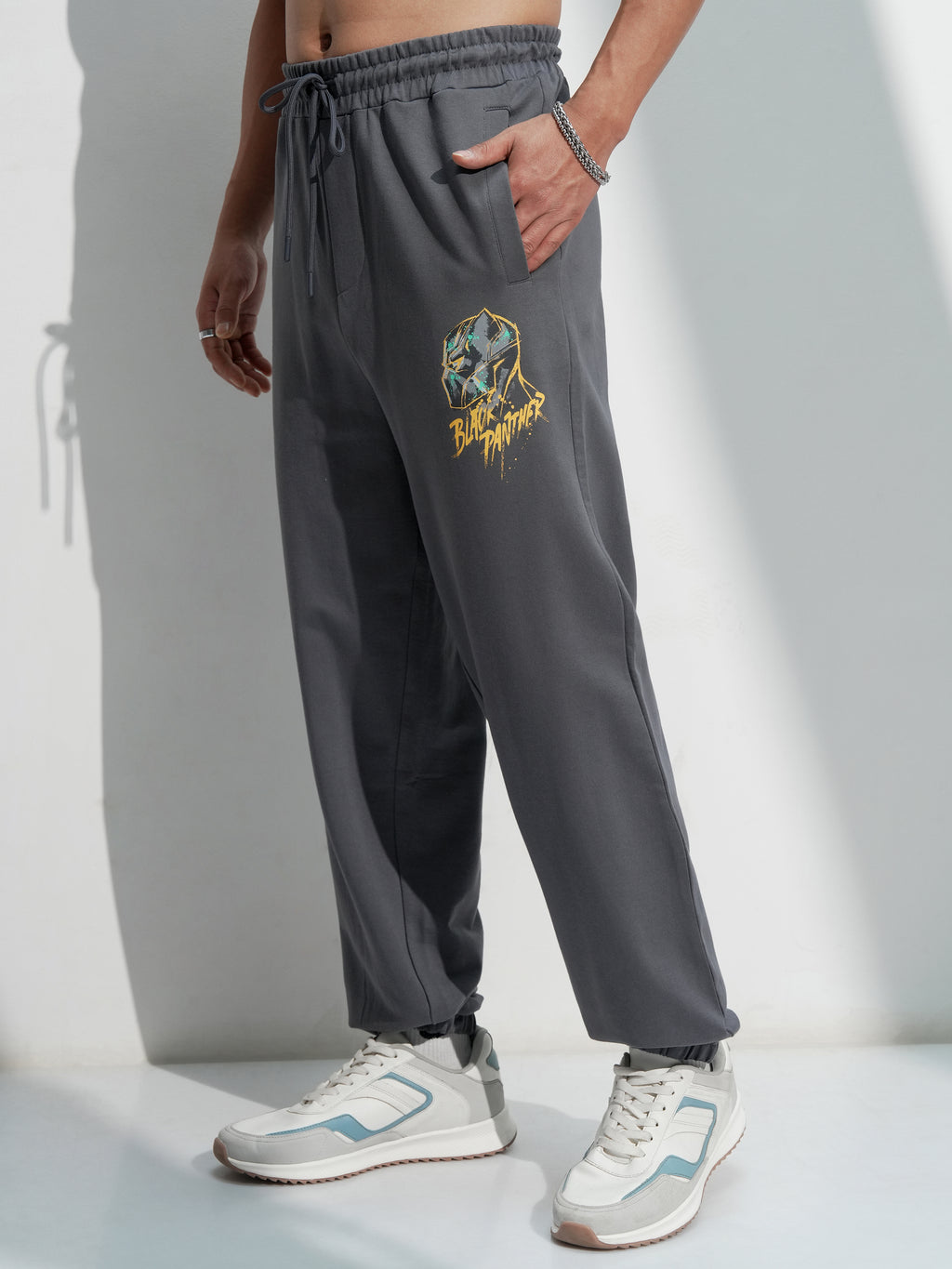 Marvel By Highlander Men Grey Black Panther Solid Relaxed Fit Joggers - Grey - Image 4