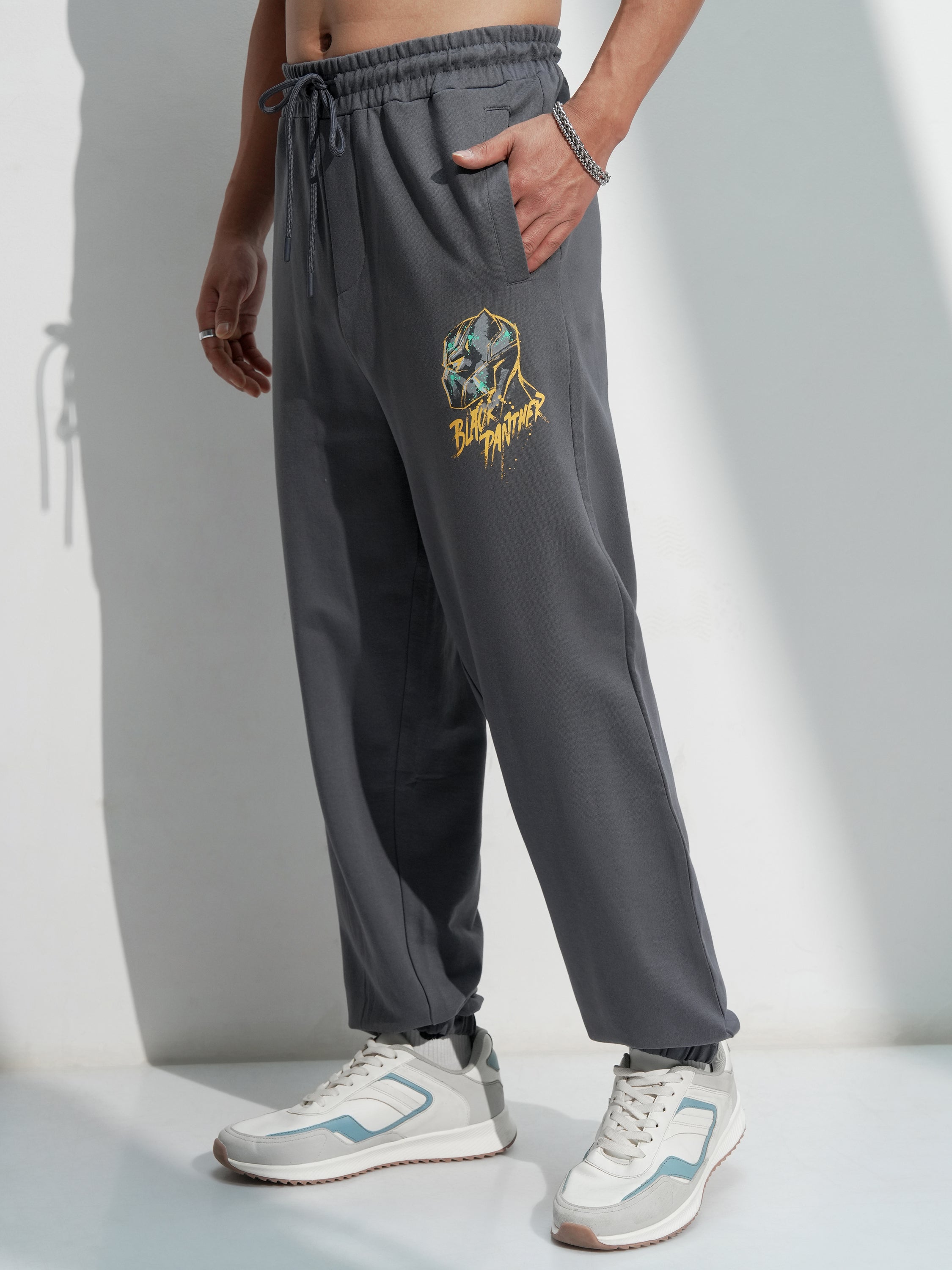 Marvel By Highlander Men Grey Black Panther Solid Relaxed Fit Joggers - Grey - Image 4