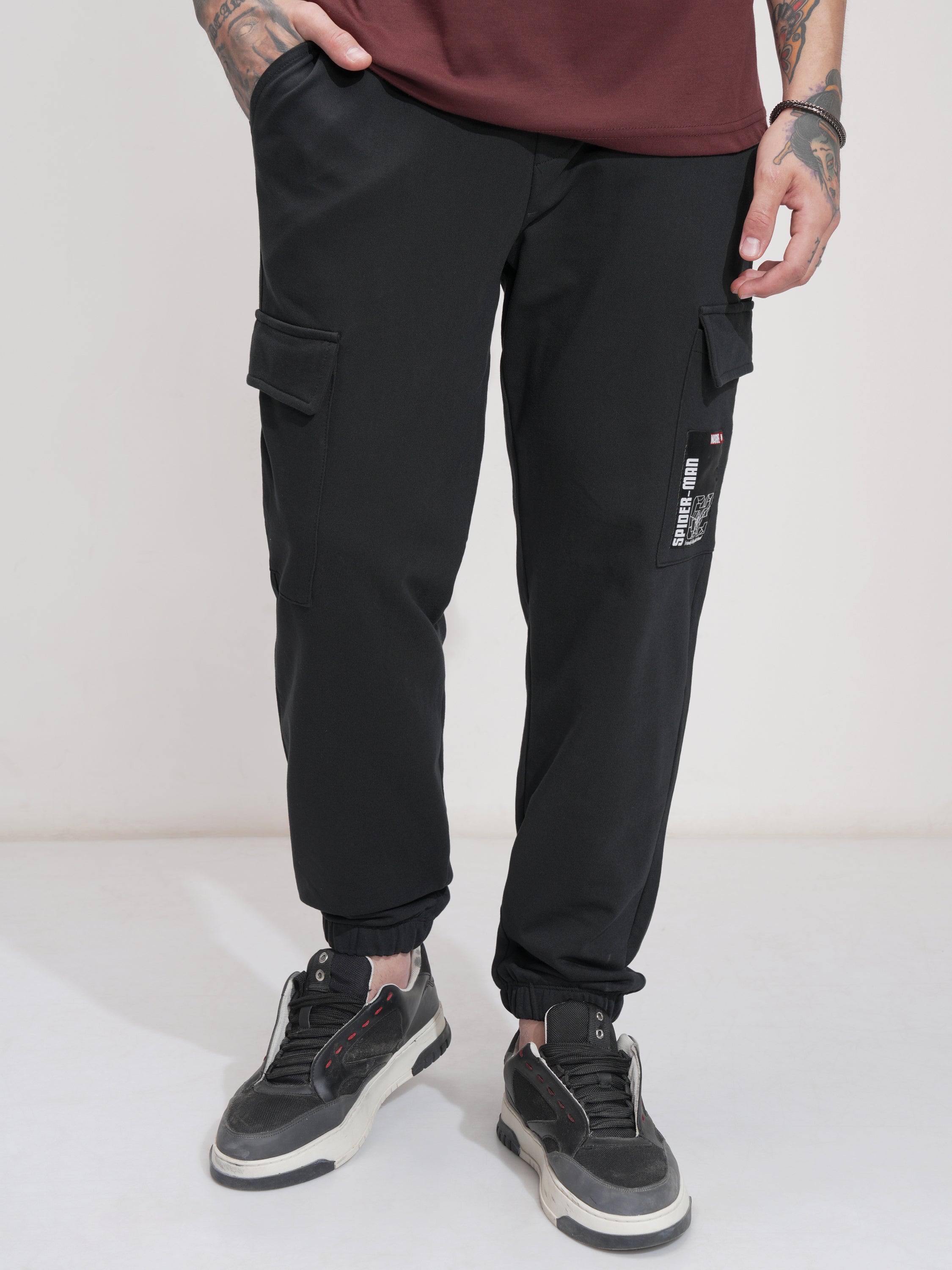 Marvel By Highlander Men Black Spider-Man Relaxed Fit Solid Cargos - Black - Image 1