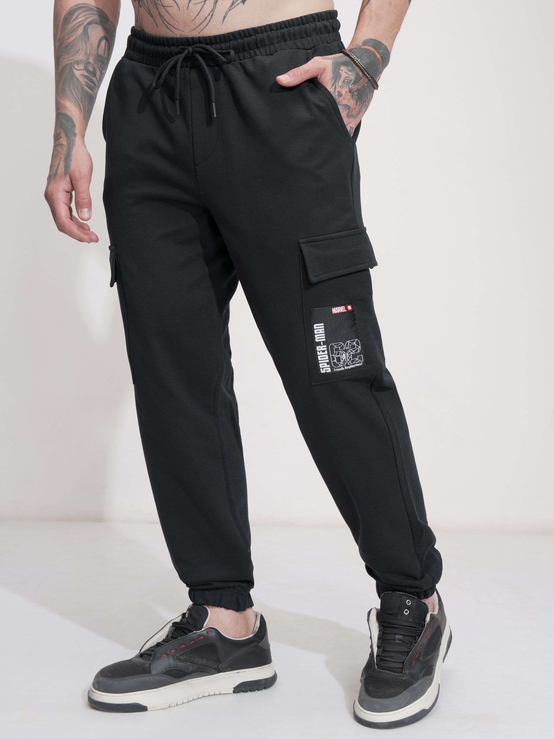 Marvel By Highlander Men Black Spider-Man Relaxed Fit Solid Cargos - Black - Image 4