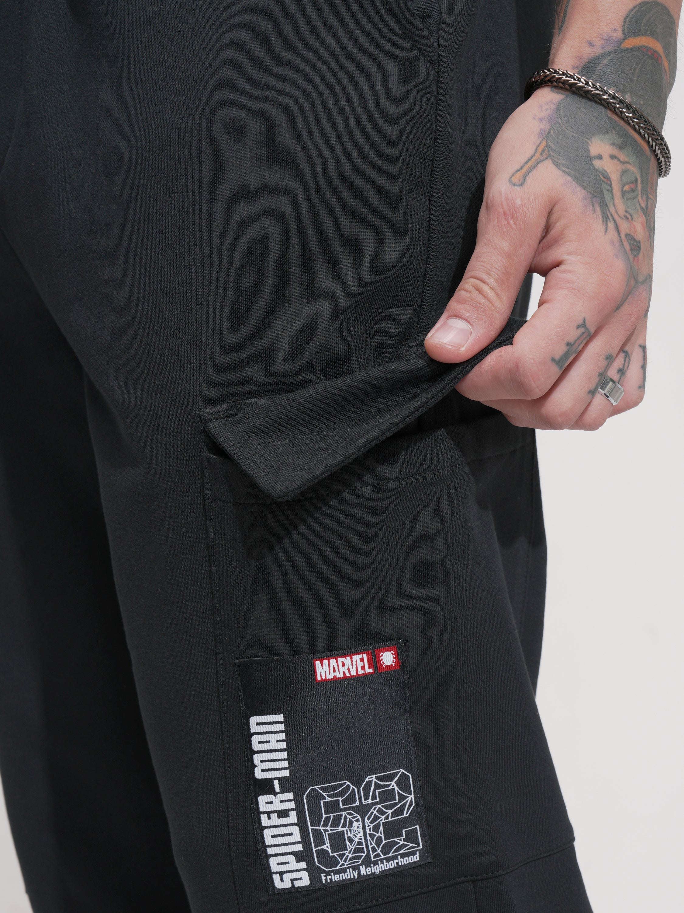 Marvel By Highlander Men Black Spider-Man Relaxed Fit Solid Cargos - Black - Image 5