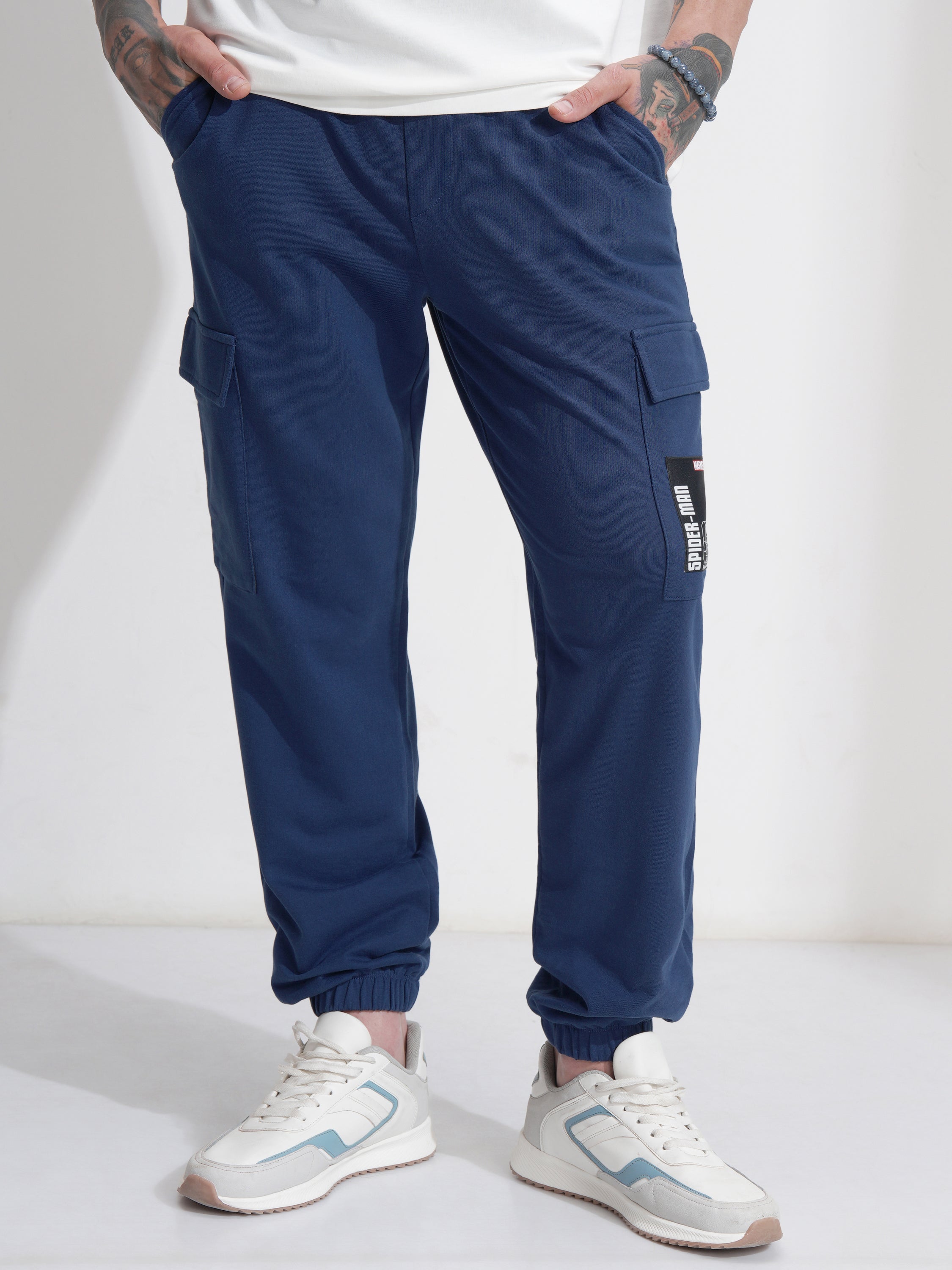 Marvel By Highlander Men Navy Blue Spider-Man Relaxed Fit Solid Cargos - Navy Blue - Image 1