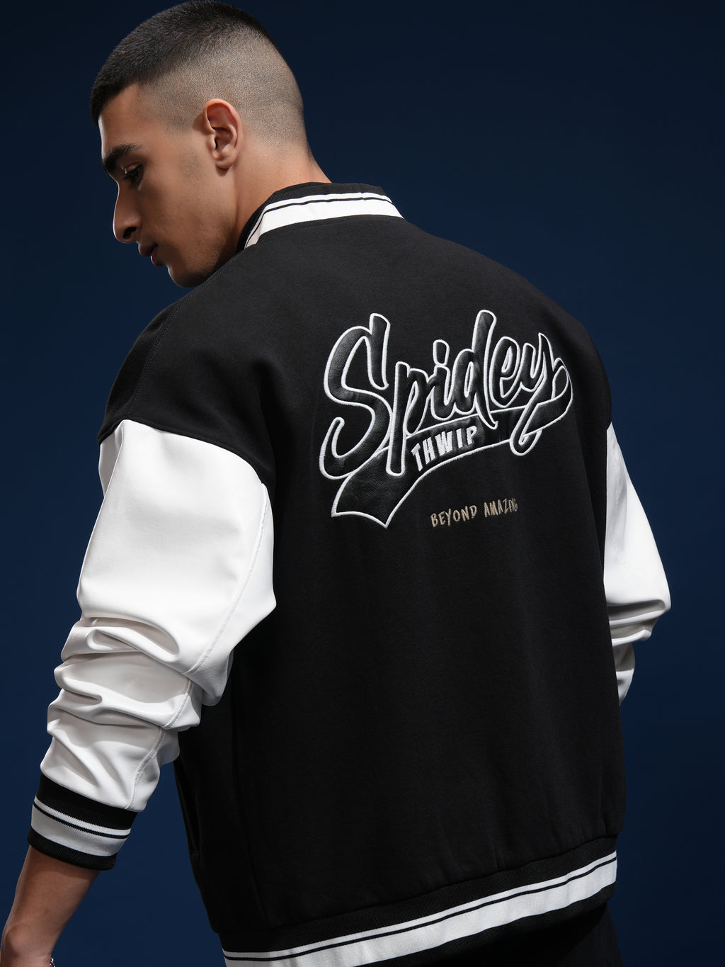 Marvel By Highlander Men Black Spider-Man Printed Varsity Jacket - Black - Image 1