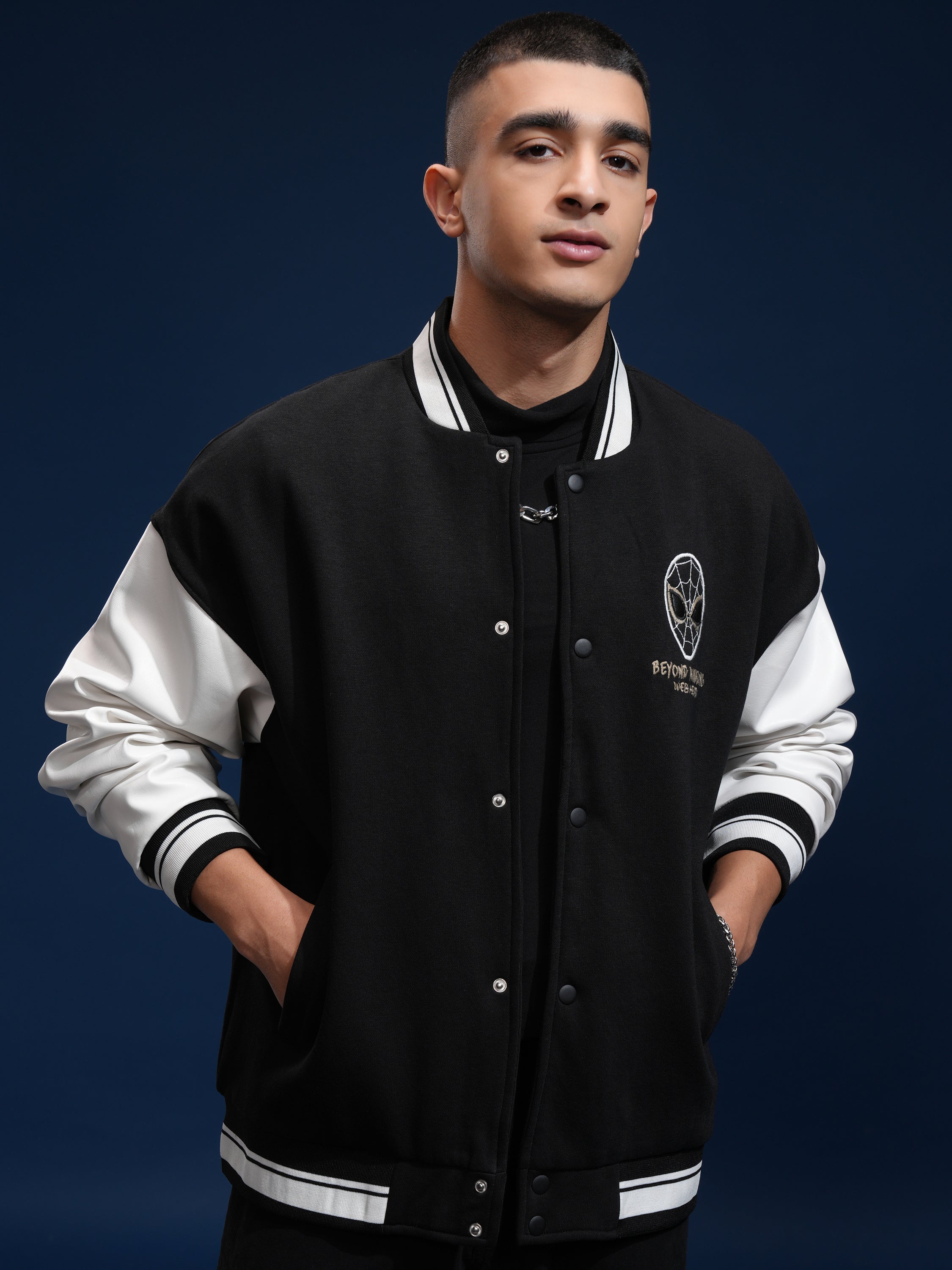 Marvel By Highlander Men Black Spider-Man Printed Varsity Jacket - Black - Image 3