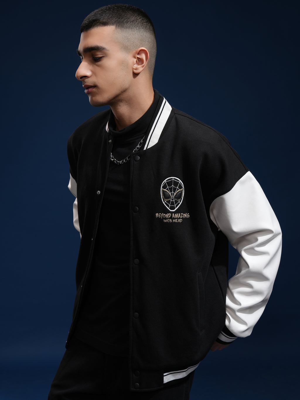 Marvel By Highlander Men Black Spider-Man Printed Varsity Jacket - Black - Image 4