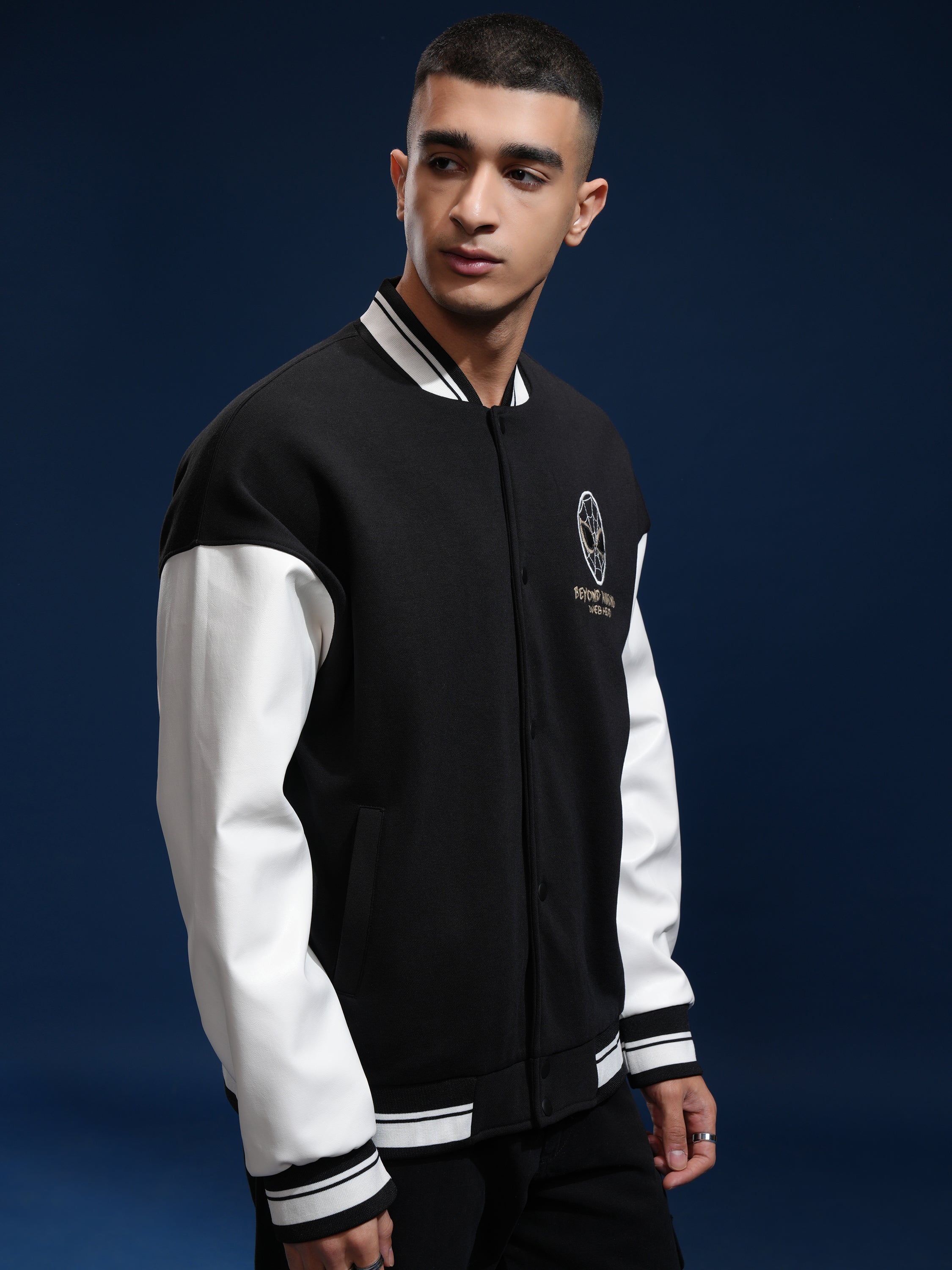 Marvel By Highlander Men Black Spider-Man Printed Varsity Jacket - Black - Image 6