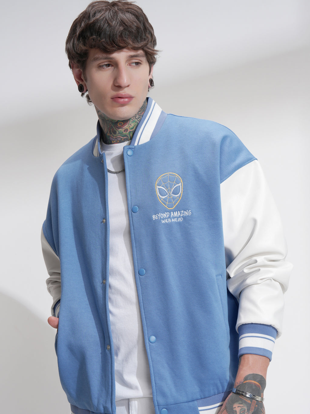 Marvel By Highlander Men Blue Spider-Man Printed Varsity Jacket - Blue - Image 1