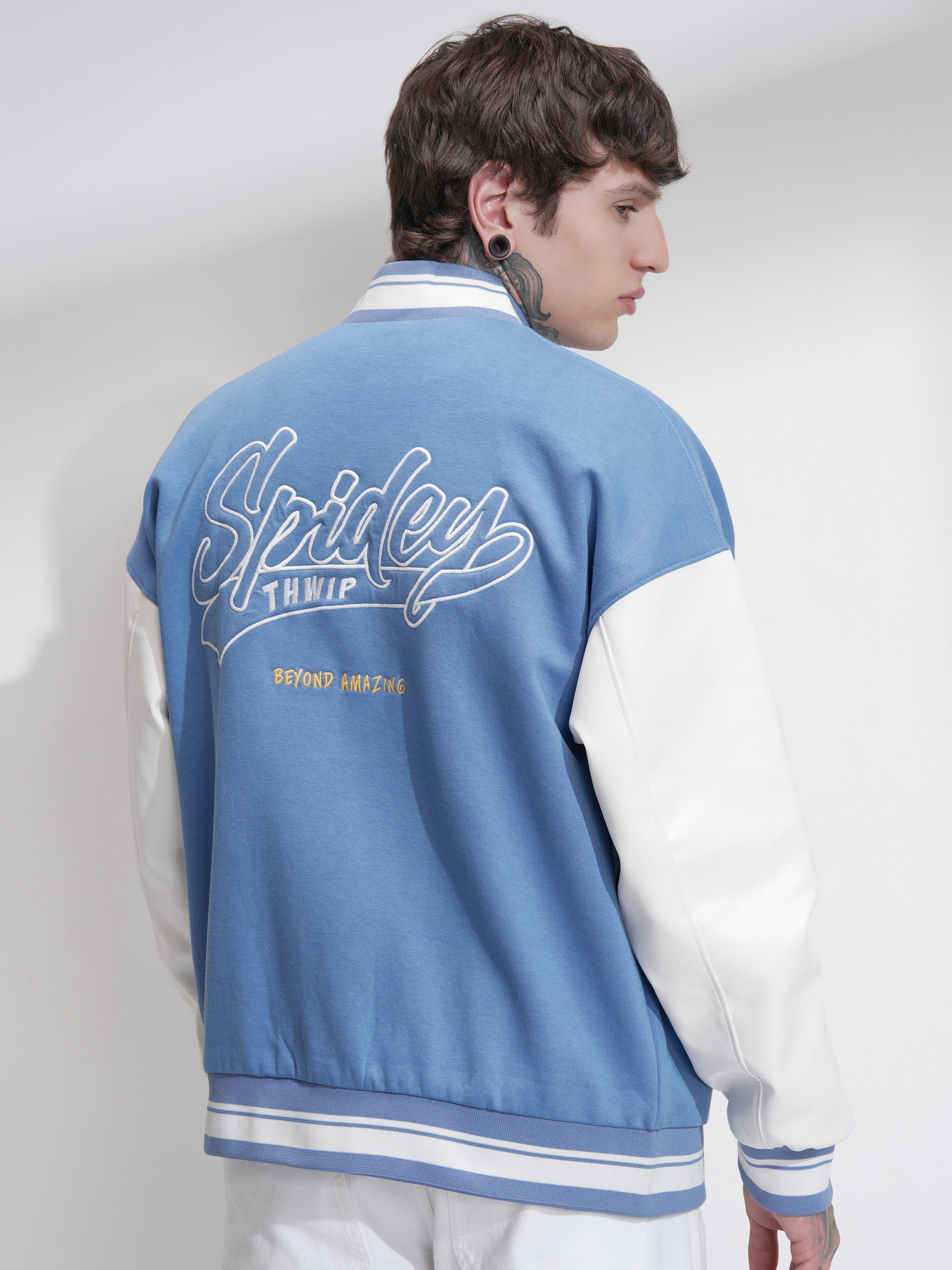 Marvel By Highlander Men Blue Spider-Man Printed Varsity Jacket - Blue - Image 3
