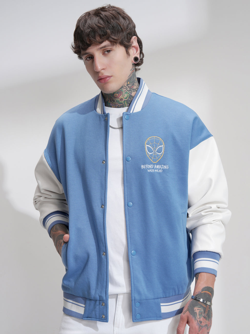 Marvel By Highlander Men Blue Spider-Man Printed Varsity Jacket - Blue - Image 4