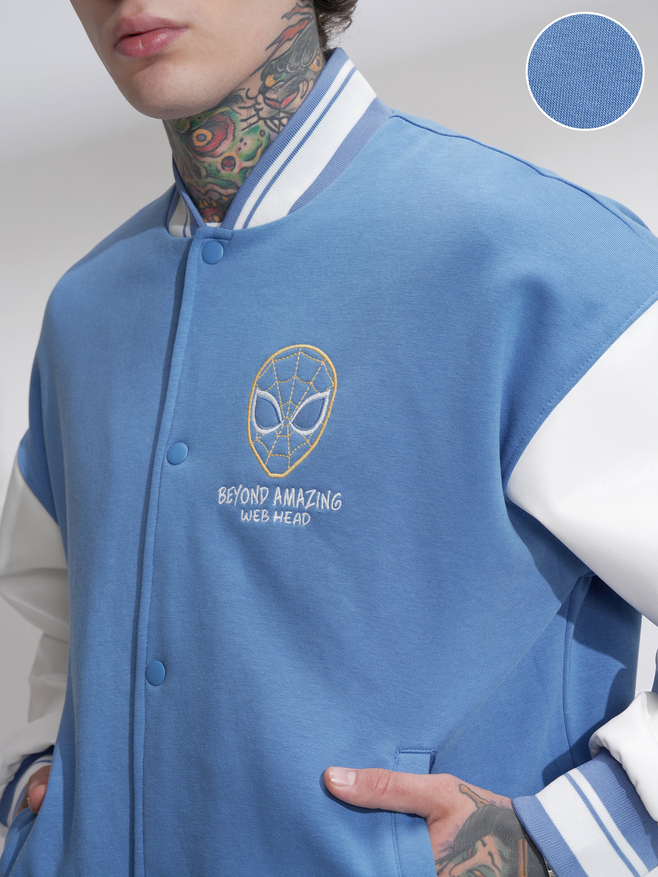 Marvel By Highlander Men Blue Spider-Man Printed Varsity Jacket - Blue - Image 5
