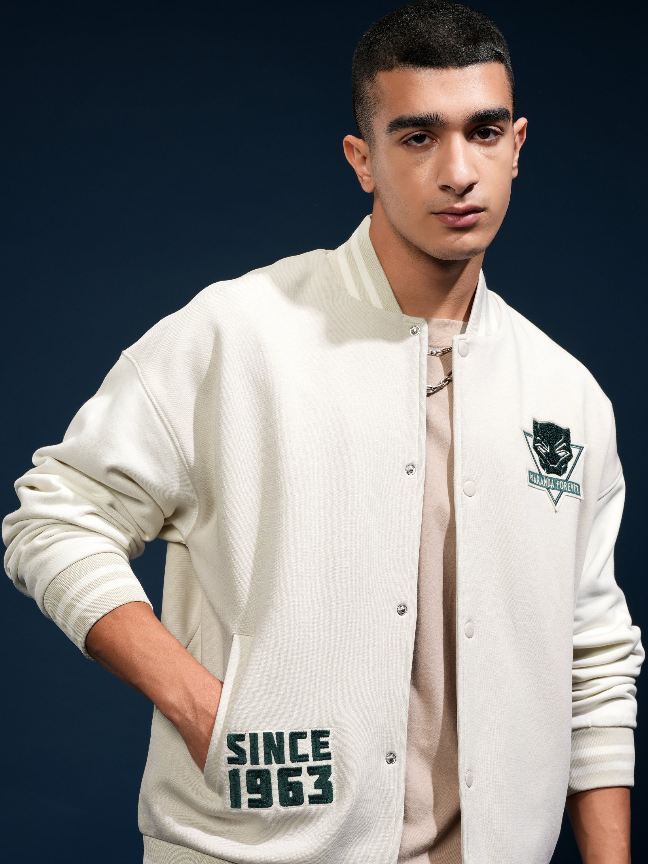 Marvel By Highlander Men Beige Black Panther Printed Varsity Jacket - Beige - Image 1