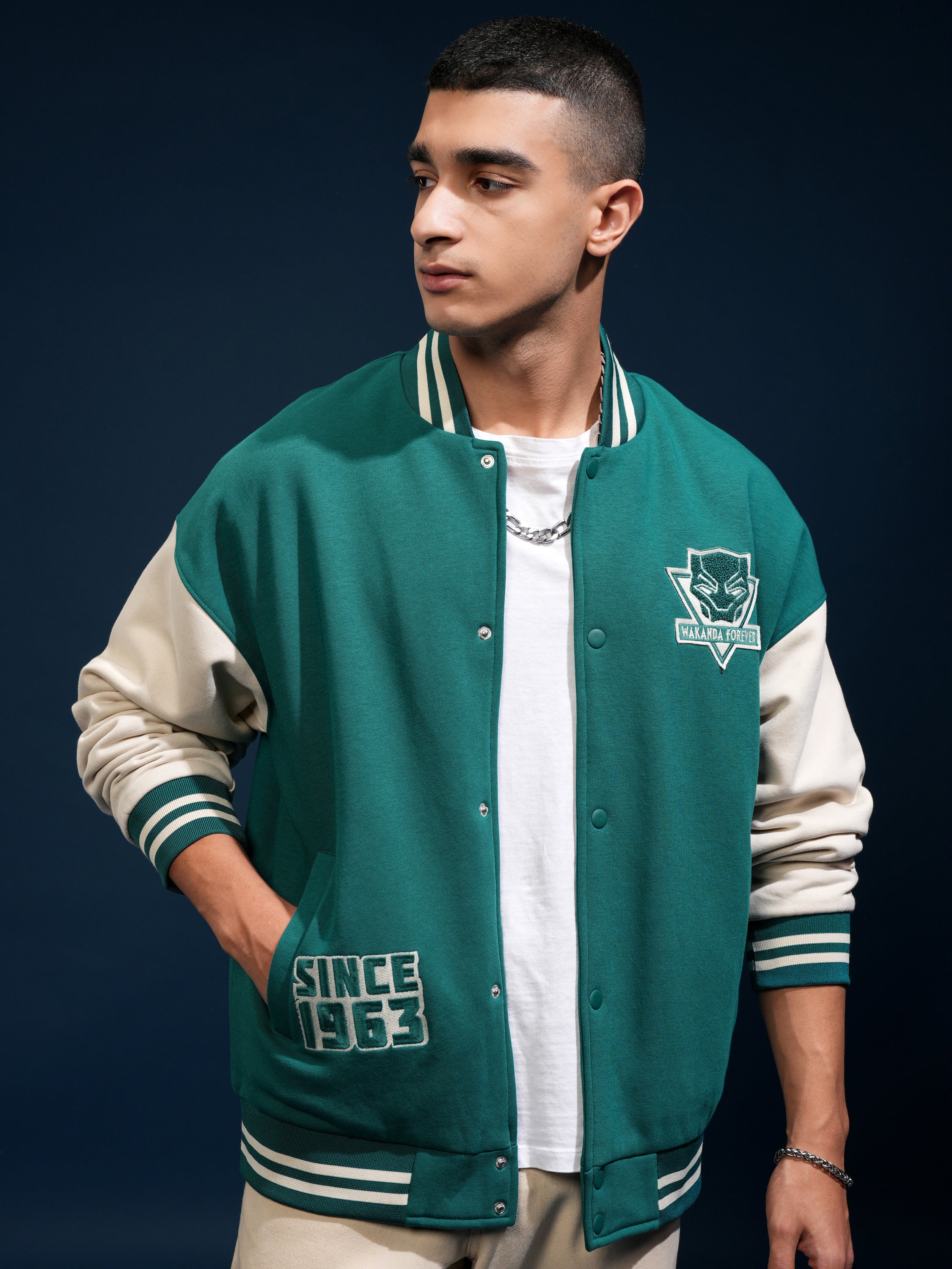 Marvel By Highlander Men Green Black Panther Printed Varsity Jacket - Green - Image 3