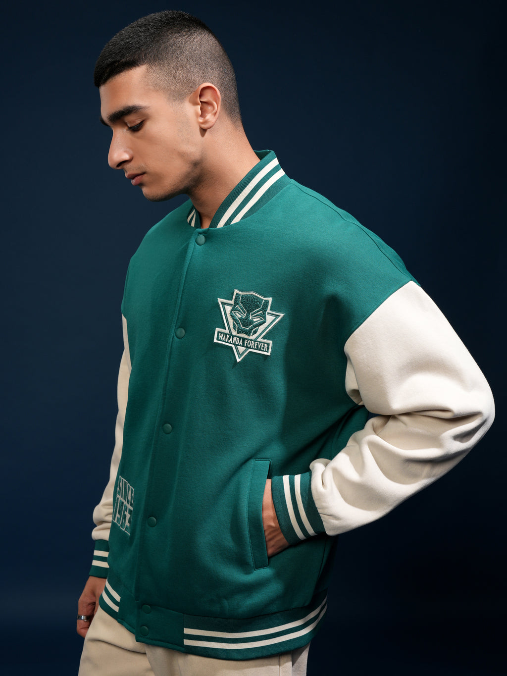 Marvel By Highlander Men Green Black Panther Printed Varsity Jacket - Green - Image 4