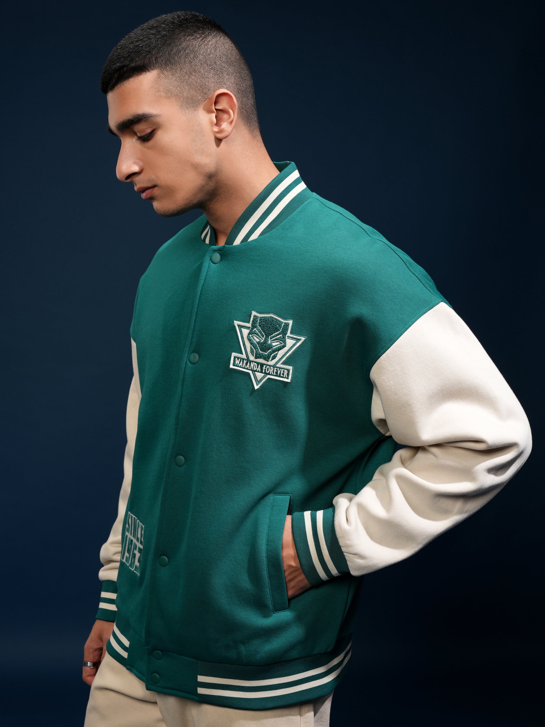 Marvel By Highlander Men Green Black Panther Printed Varsity Jacket - Green - Image 4