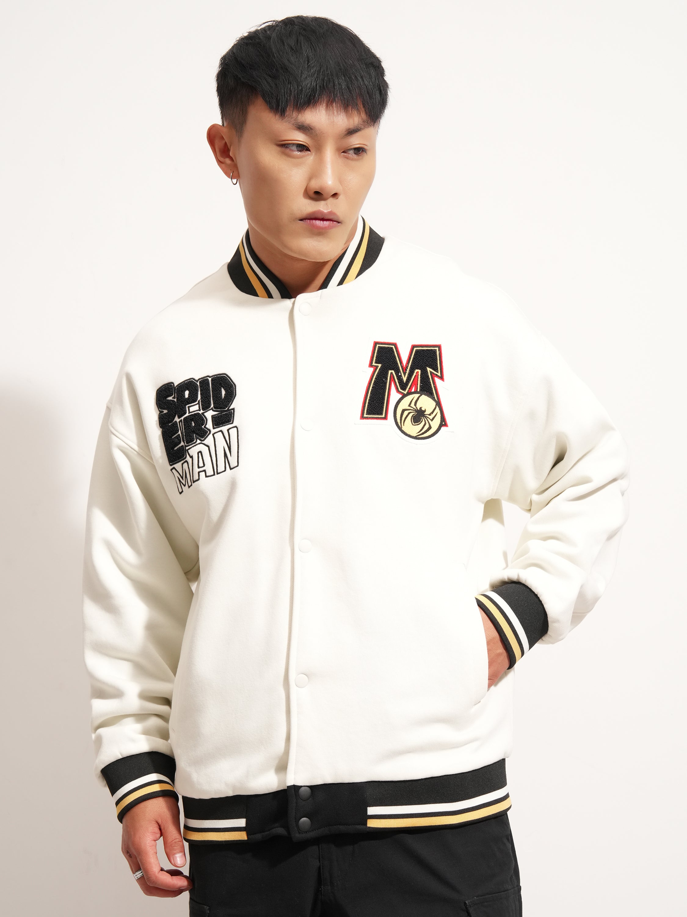 Marvel By Highlander Men White Spider-Man Printed Varsity Jacket - White - Image 4