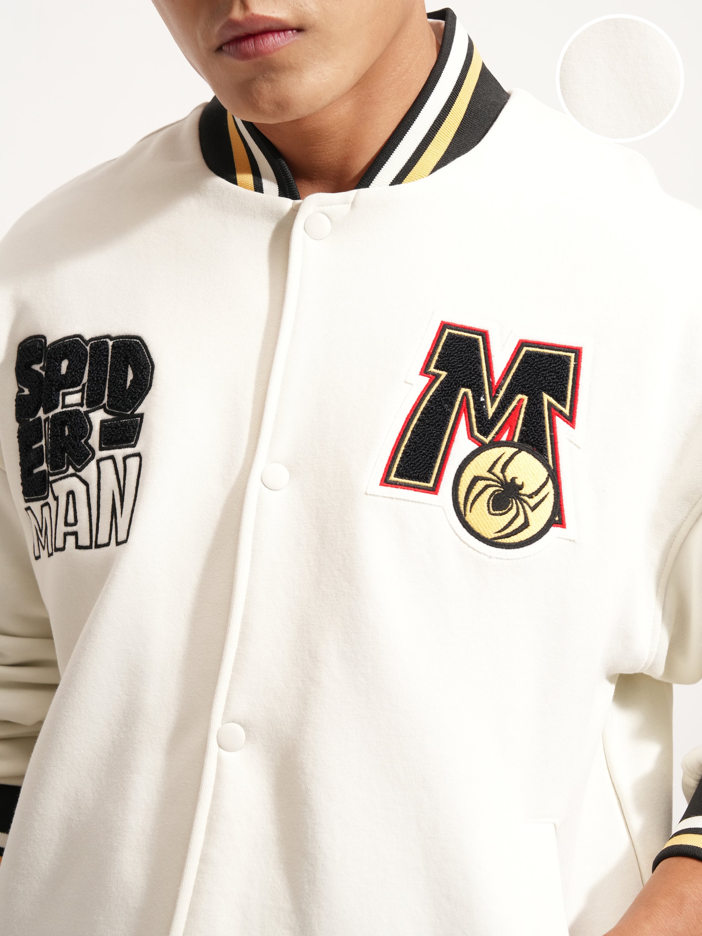 Marvel By Highlander Men White Spider-Man Printed Varsity Jacket - White - Image 5