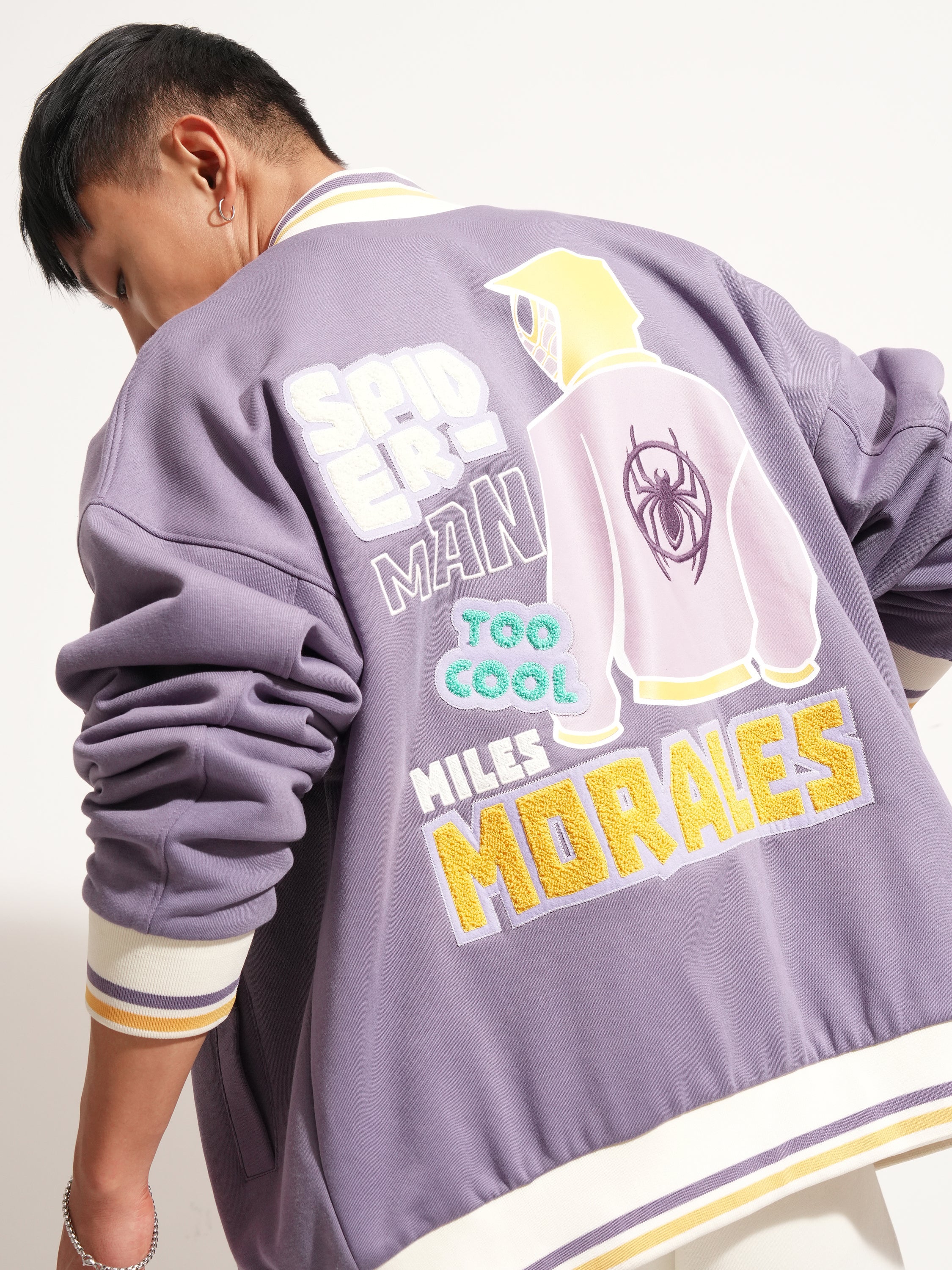 Marvel By Highlander Men Purple Spider-Man Printed Varsity Jacket - Purple - Image 1