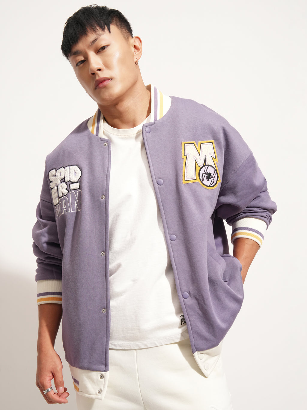 Marvel By Highlander Men Purple Spider-Man Printed Varsity Jacket - Purple - Image 3