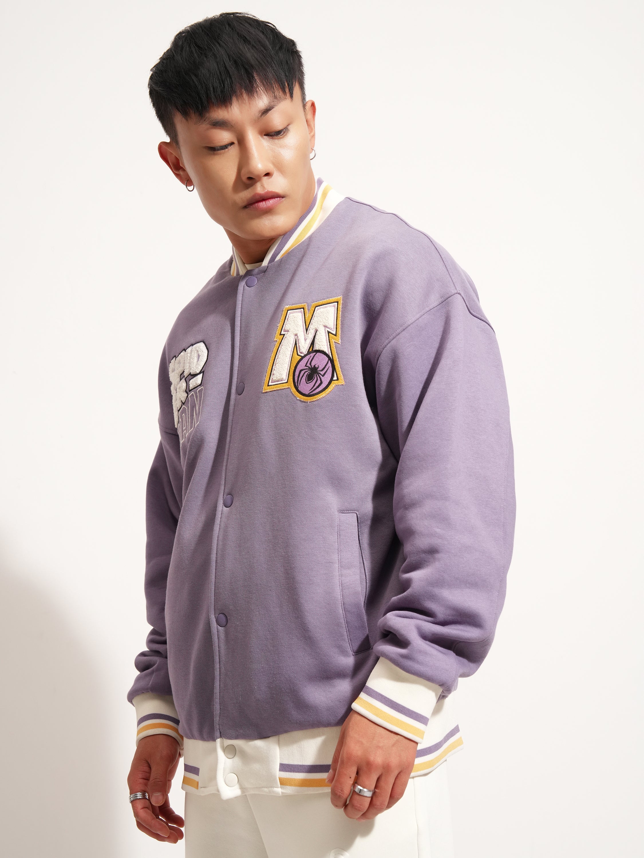 Marvel By Highlander Men Purple Spider-Man Printed Varsity Jacket - Purple - Image 4
