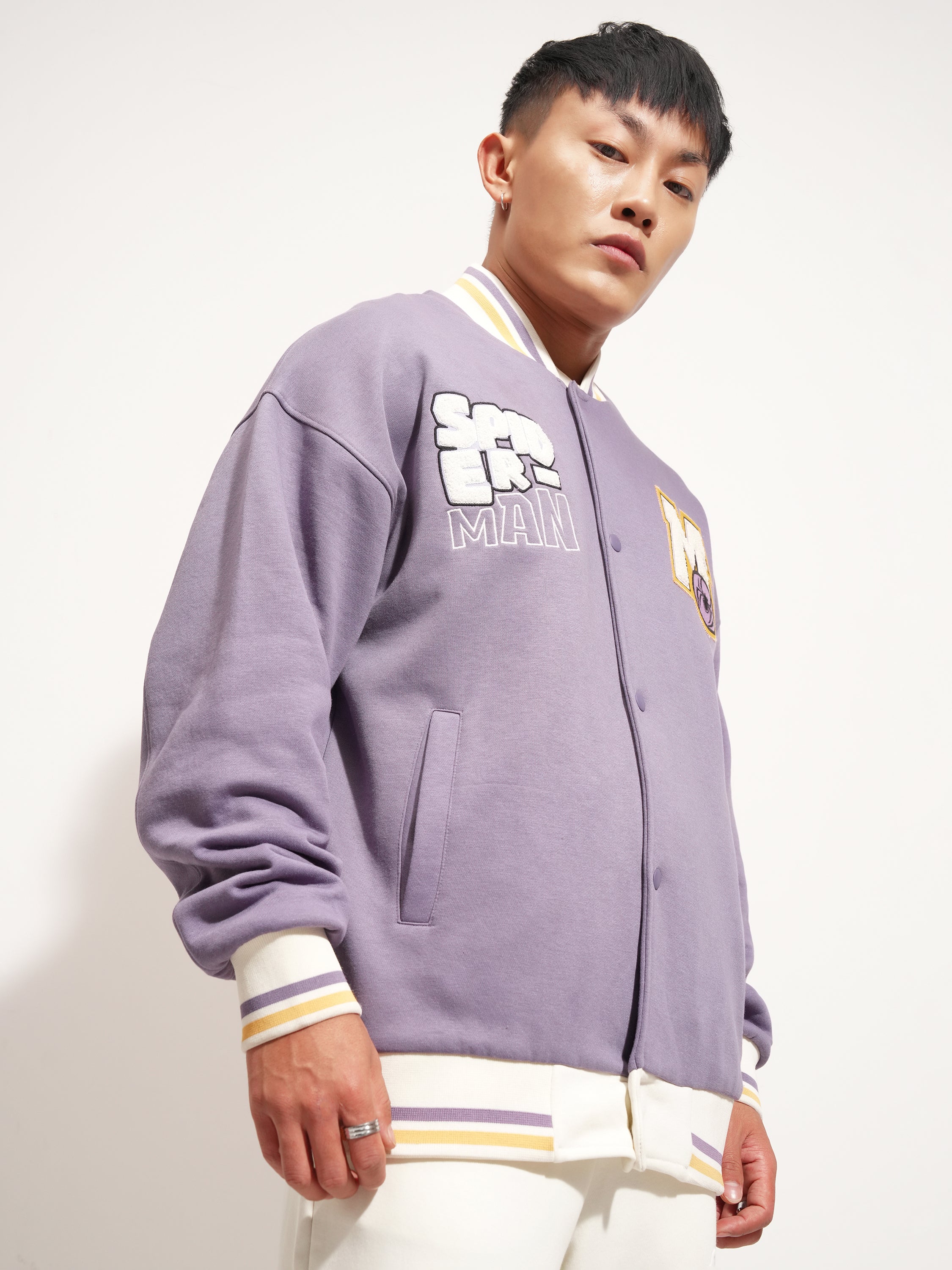 Marvel By Highlander Men Purple Spider-Man Printed Varsity Jacket - Purple - Image 6