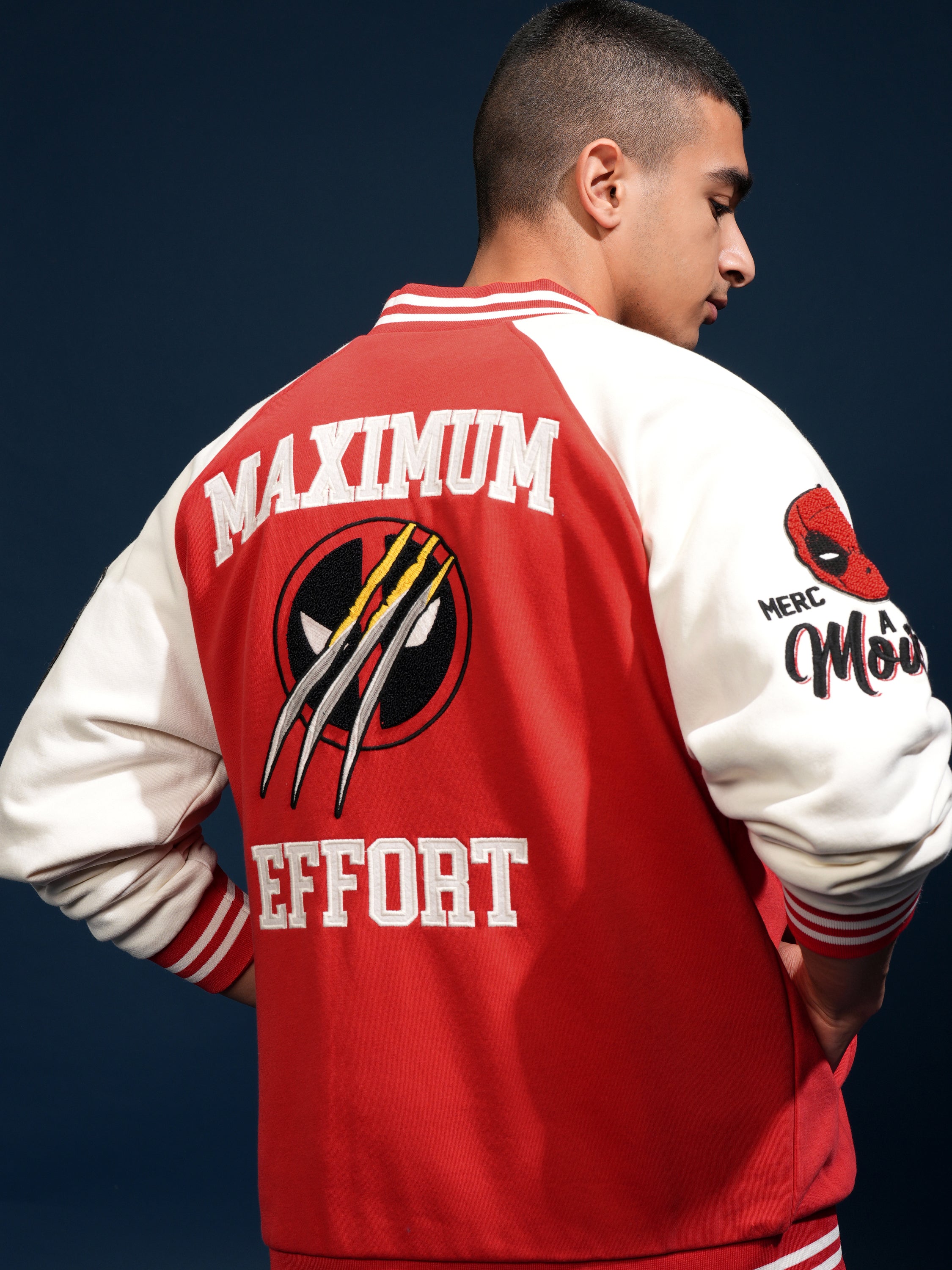 Marvel By Highlander Men Red Deadpool And Wolverine Printed Varsity Jacket - Red - Image 1