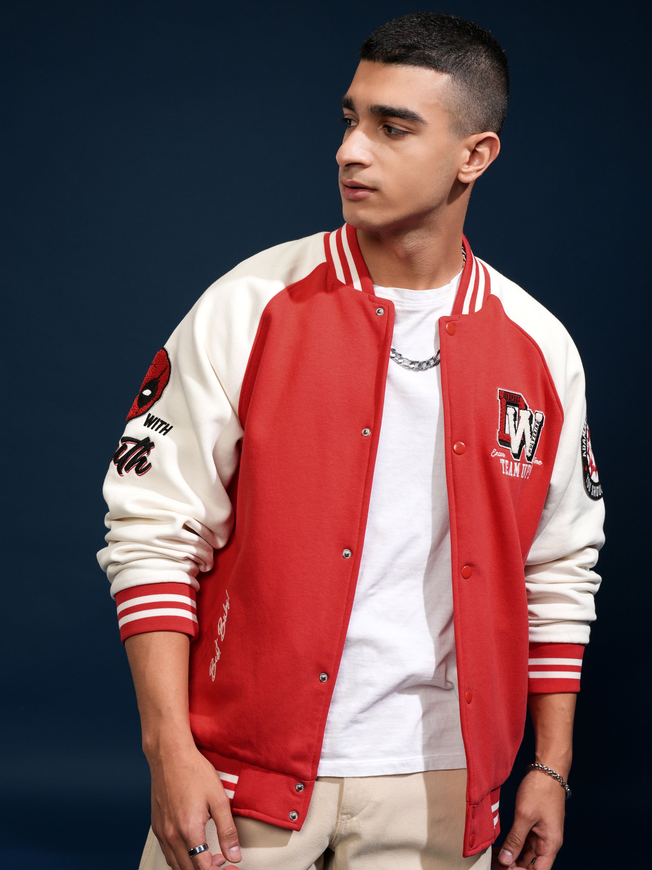 Marvel By Highlander Men Red Deadpool And Wolverine Printed Varsity Jacket - Red - Image 3