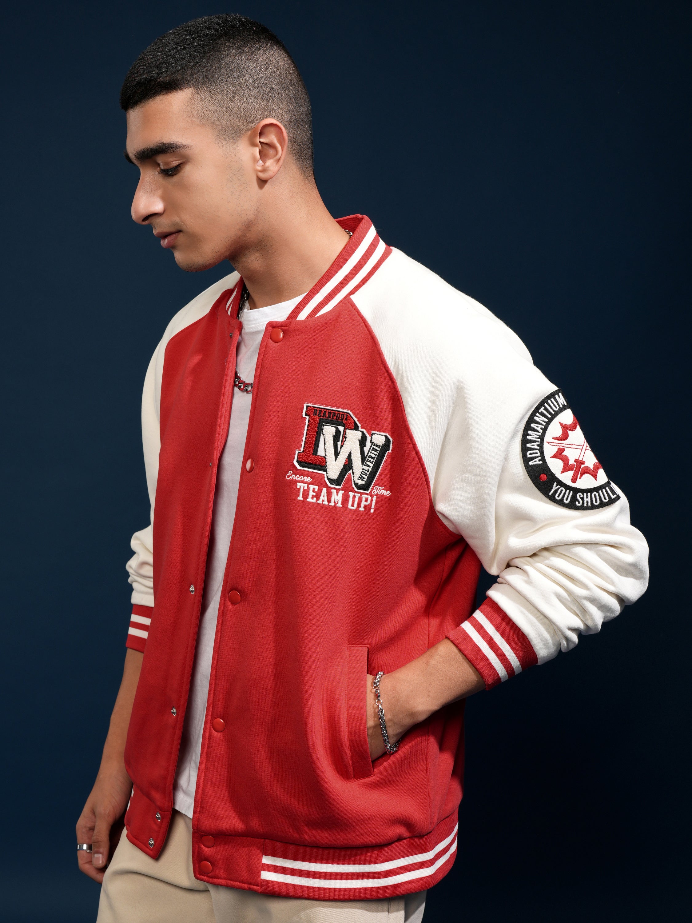 Marvel By Highlander Men Red Deadpool And Wolverine Printed Varsity Jacket - Red - Image 4