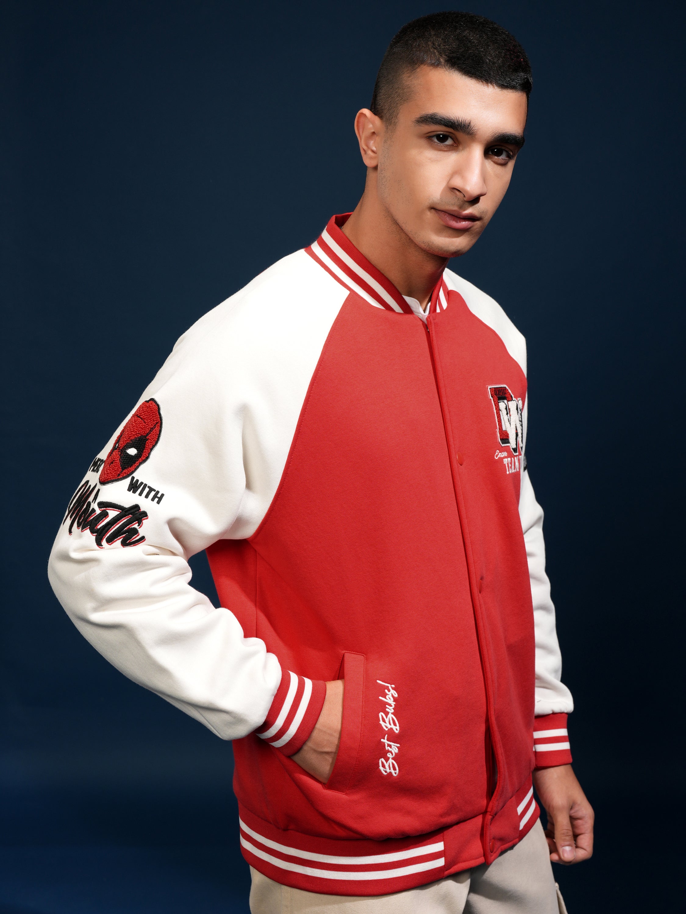 Marvel By Highlander Men Red Deadpool And Wolverine Printed Varsity Jacket - Red - Image 6