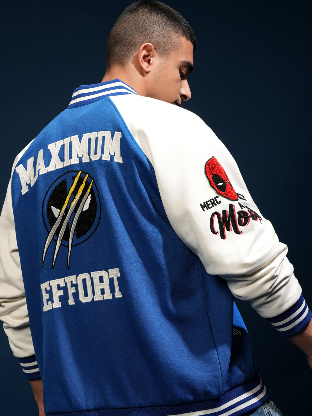 Marvel By Highlander Men Blue Deadpool And Wolverine Printed Varsity Jacket - Blue - Image 1