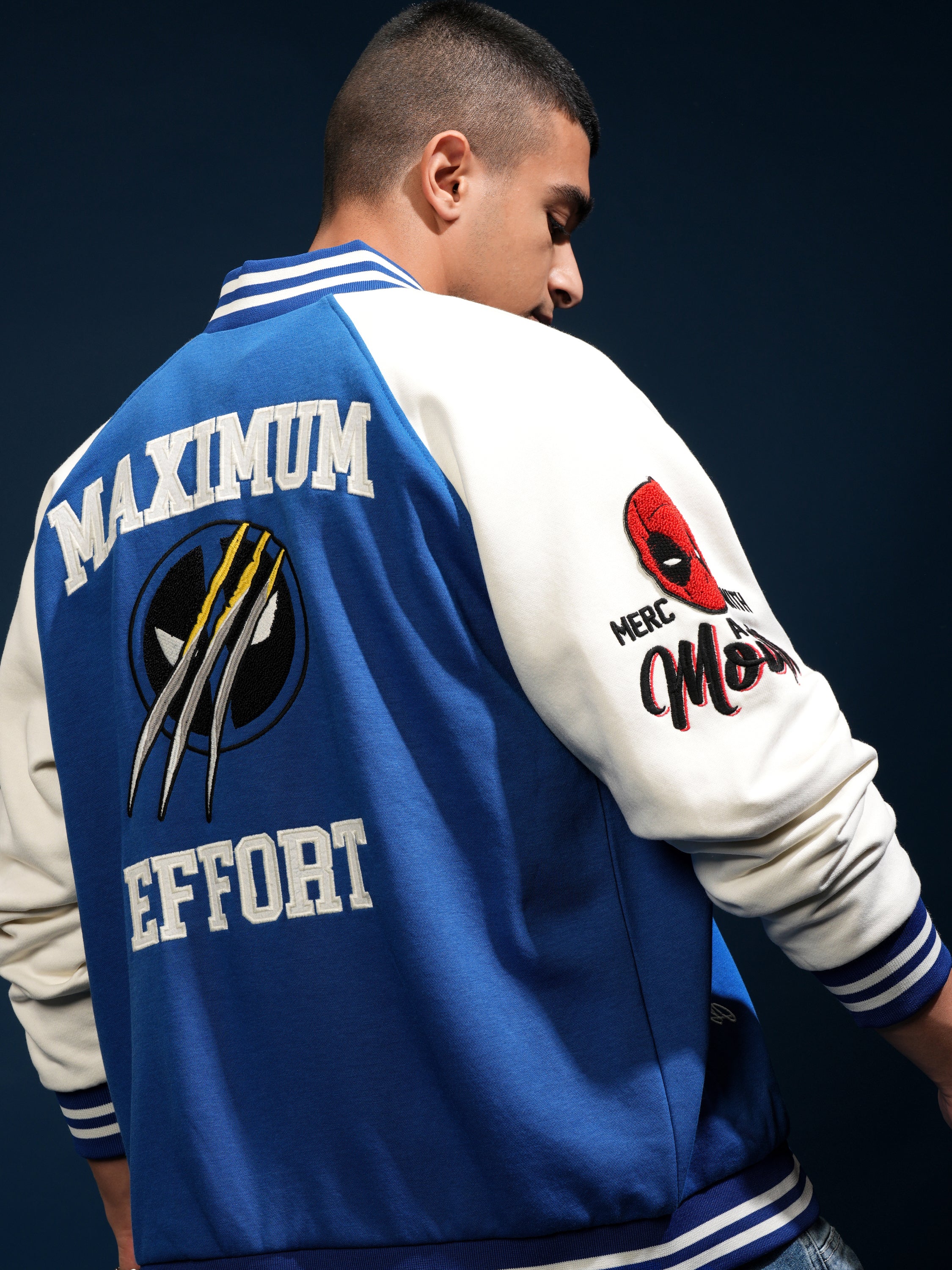 Marvel By Highlander Men Blue Deadpool And Wolverine Printed Varsity Jacket - Blue - Image 1