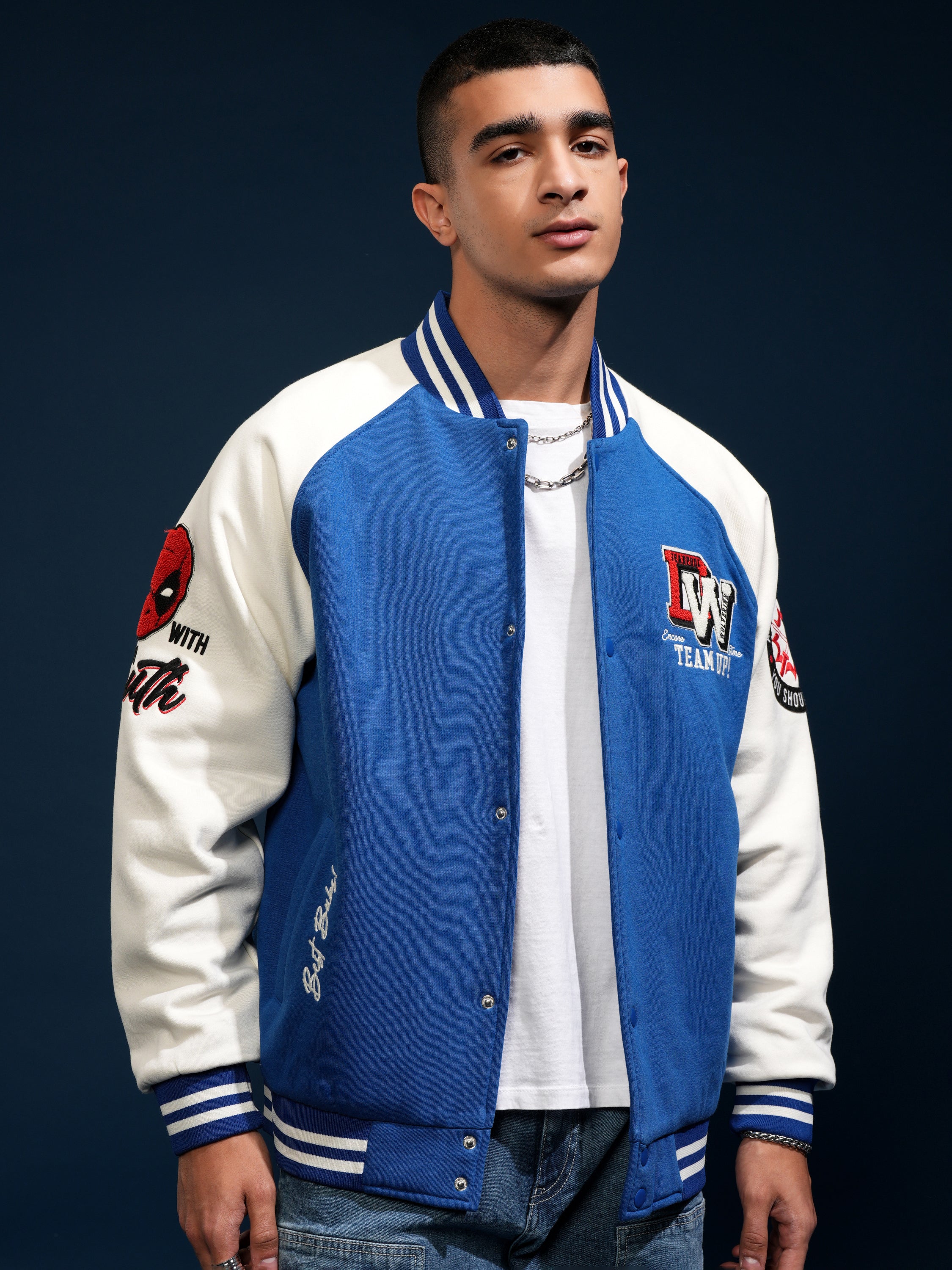 Marvel By Highlander Men Blue Deadpool And Wolverine Printed Varsity Jacket - Blue - Image 3