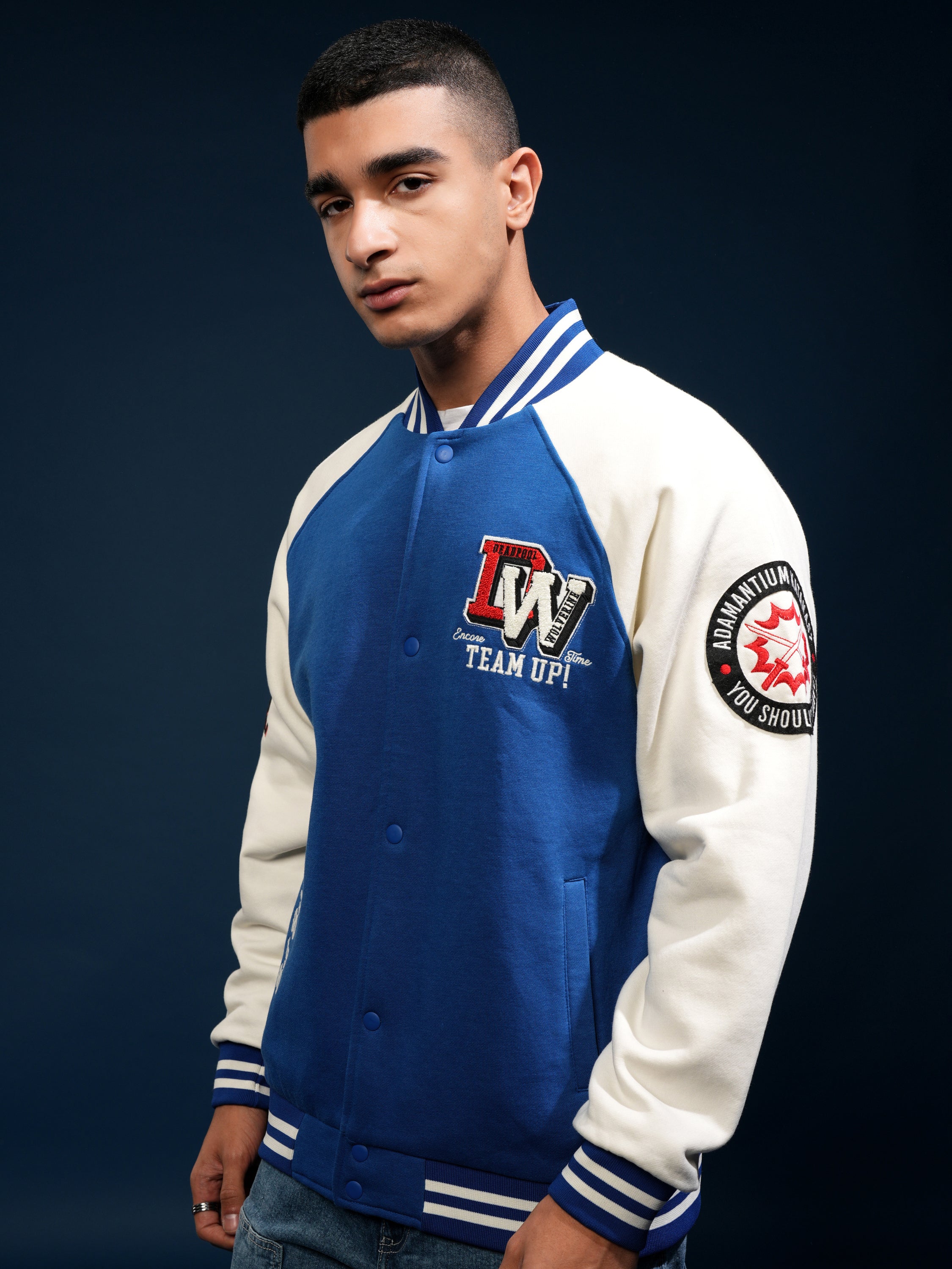 Marvel By Highlander Men Blue Deadpool And Wolverine Printed Varsity Jacket - Blue - Image 4