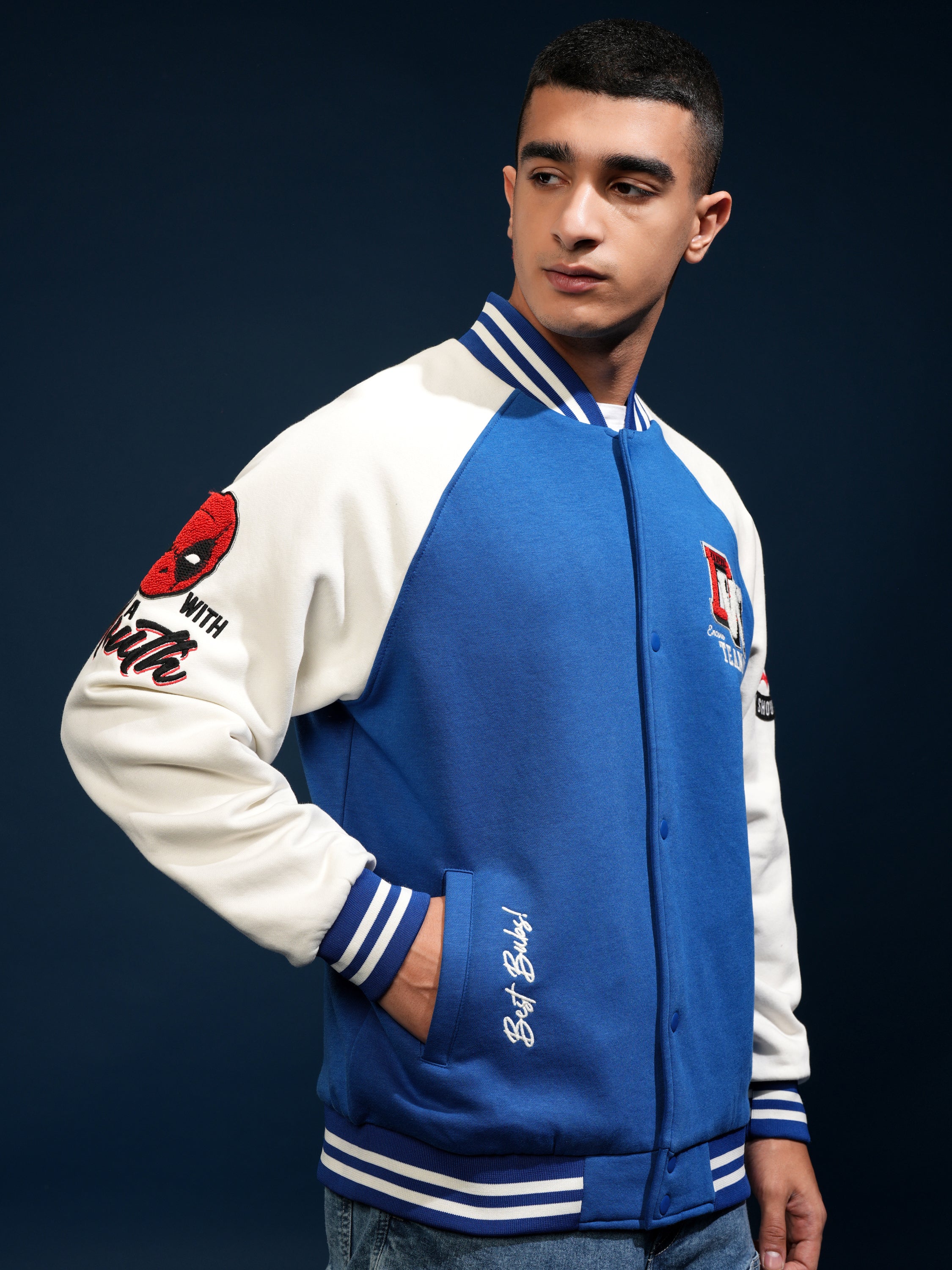 Marvel By Highlander Men Blue Deadpool And Wolverine Printed Varsity Jacket - Blue - Image 6