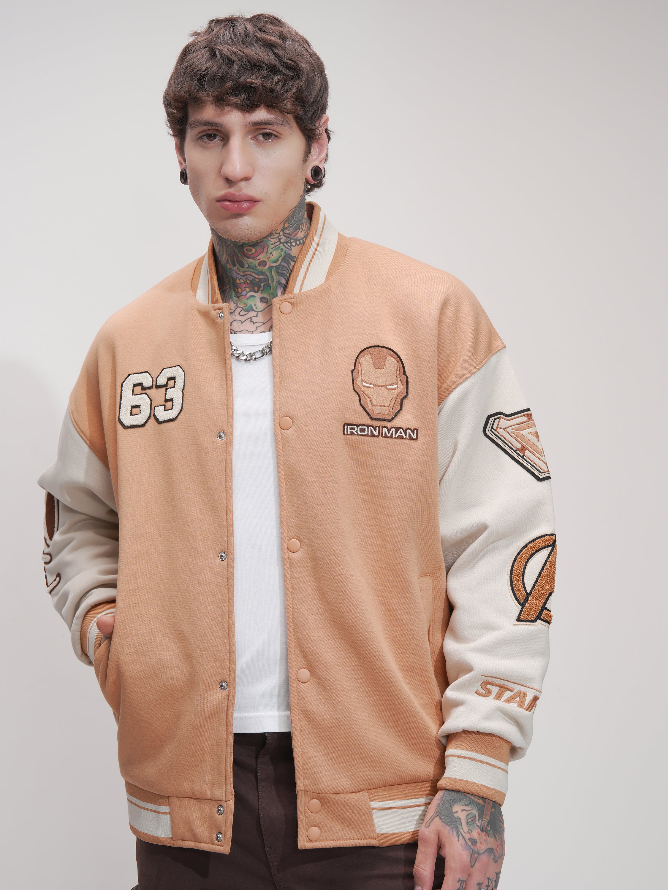 Marvel By Highlander Men Orange Iron Man Printed Varsity Jacket - Orange - Image 4