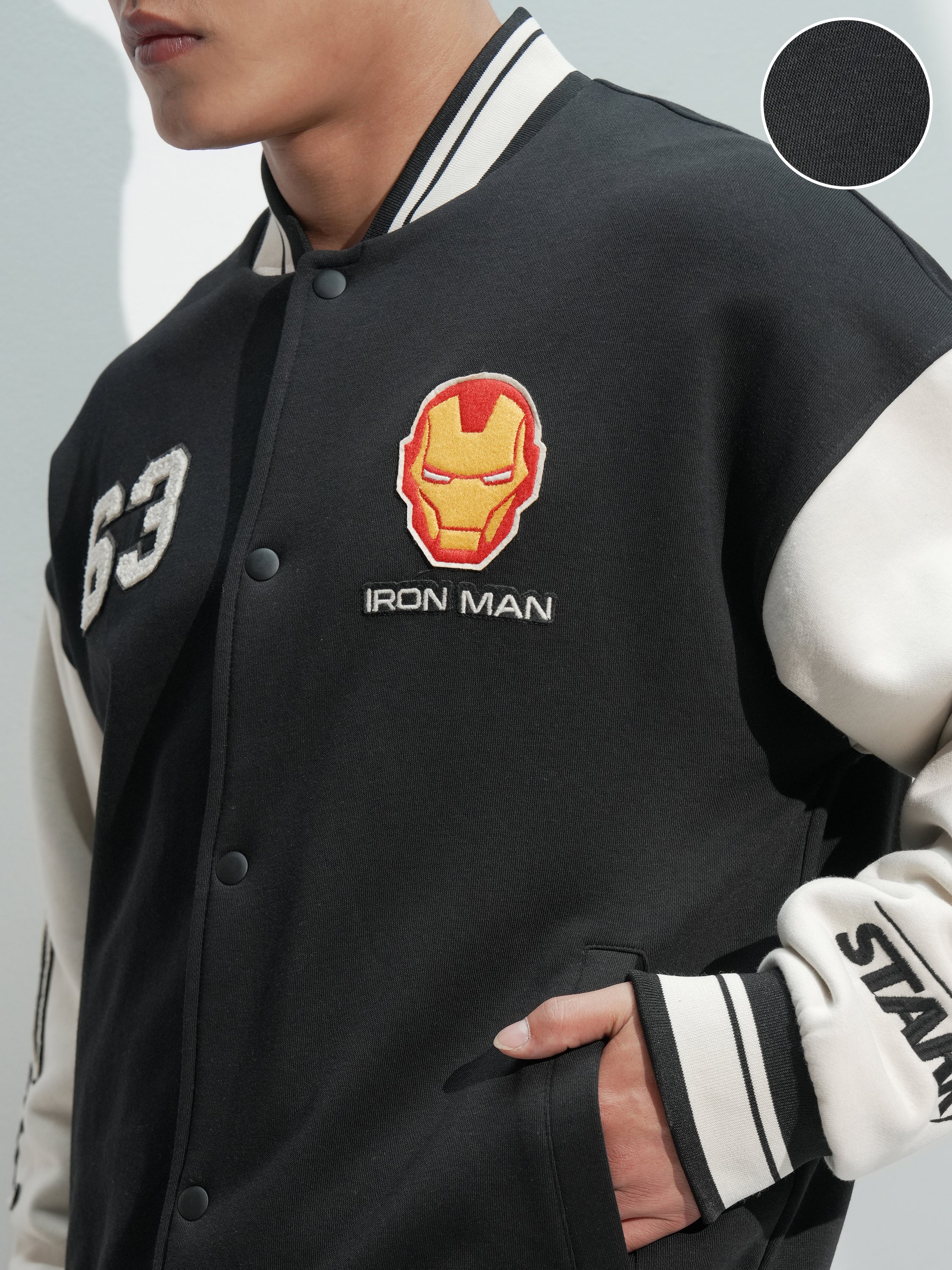 Marvel By Highlander Men Black Iron Man Printed Varsity Jacket - Black - Image 5