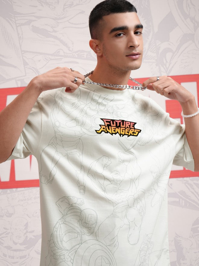Marvel By Highlander Men Off White Avengers Printed Round Neck Oversized Fit T-Shirt - Off White - Image 1