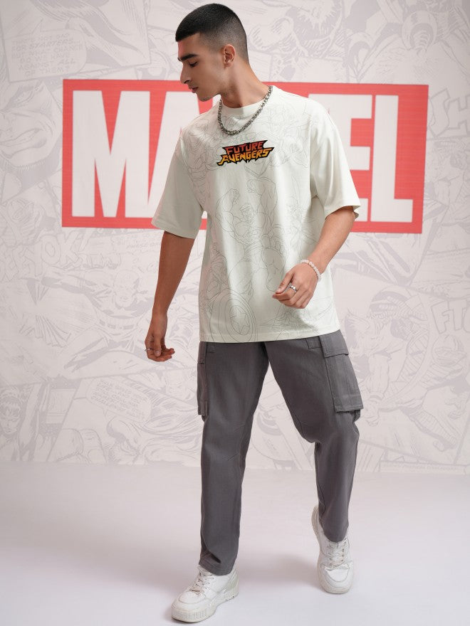 Marvel By Highlander Men Off White Avengers Printed Round Neck Oversized Fit T-Shirt - Off White - Image 2
