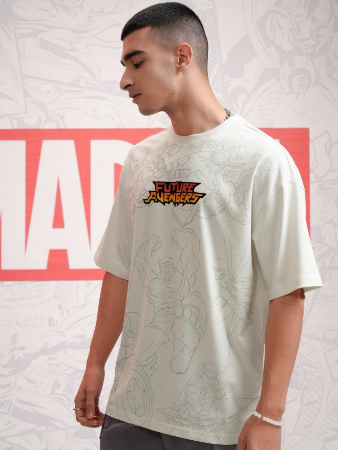 Marvel By Highlander Men Off White Avengers Printed Round Neck Oversized Fit T-Shirt - Off White - Image 4