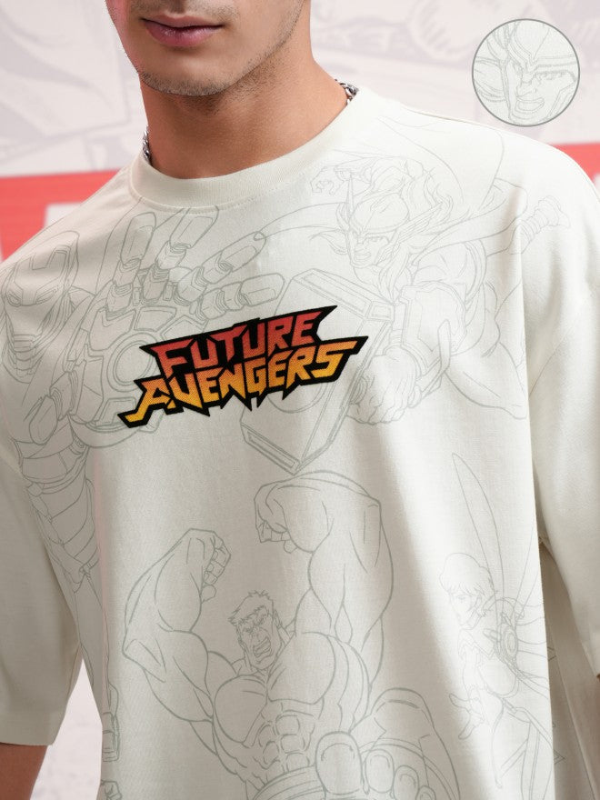 Marvel By Highlander Men Off White Avengers Printed Round Neck Oversized Fit T-Shirt - Off White - Image 5