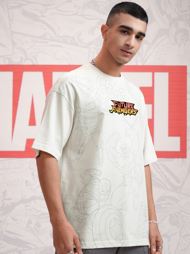 Marvel By Highlander Men Off White Avengers Printed Round Neck Oversized Fit T-Shirt - Off White - Image 6