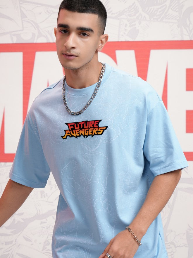 Marvel By Highlander Men Blue Avengers Printed Round Neck Oversized Fit T-Shirt - Blue - Image 1