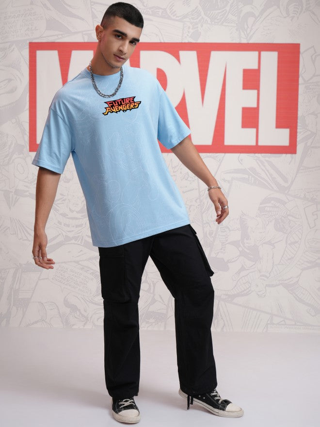Marvel By Highlander Men Blue Avengers Printed Round Neck Oversized Fit T-Shirt - Blue - Image 2