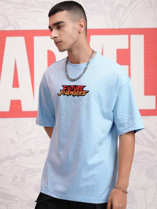 Marvel By Highlander Men Blue Avengers Printed Round Neck Oversized Fit T-Shirt - Blue - Image 4