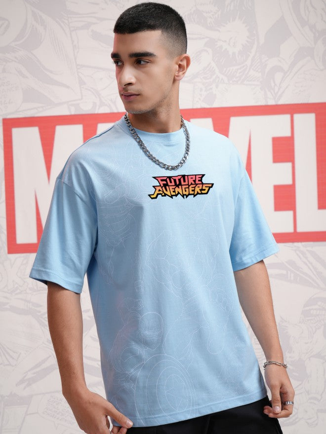 Marvel By Highlander Men Blue Avengers Printed Round Neck Oversized Fit T-Shirt - Blue - Image 6
