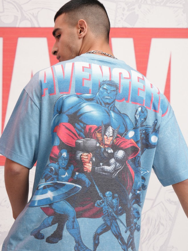 Marvel By Highlander Men Blue Avengers Printed Round Neck Oversized Fit T-Shirt - Blue - Image 1