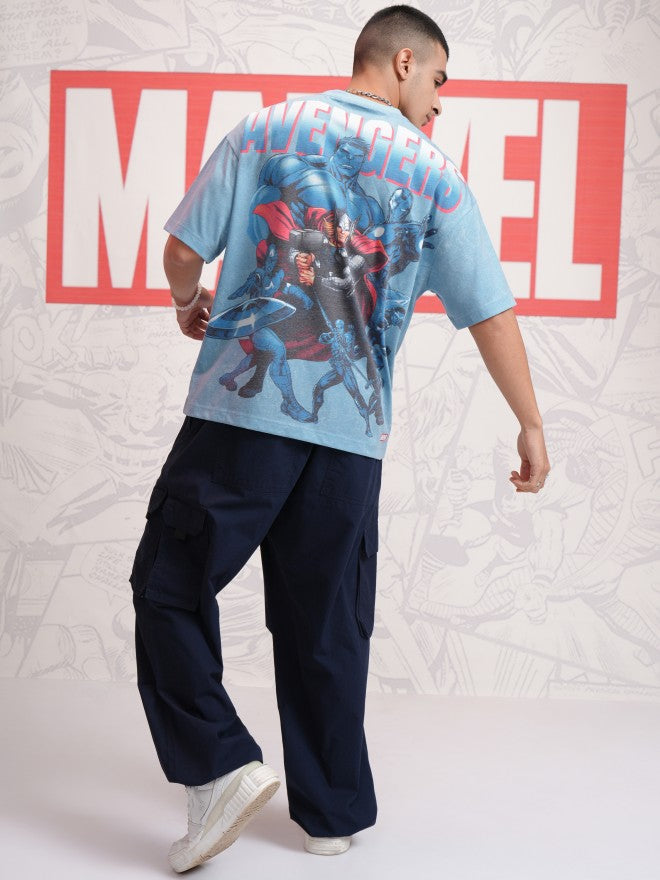 Marvel By Highlander Men Blue Avengers Printed Round Neck Oversized Fit T-Shirt - Blue - Image 2