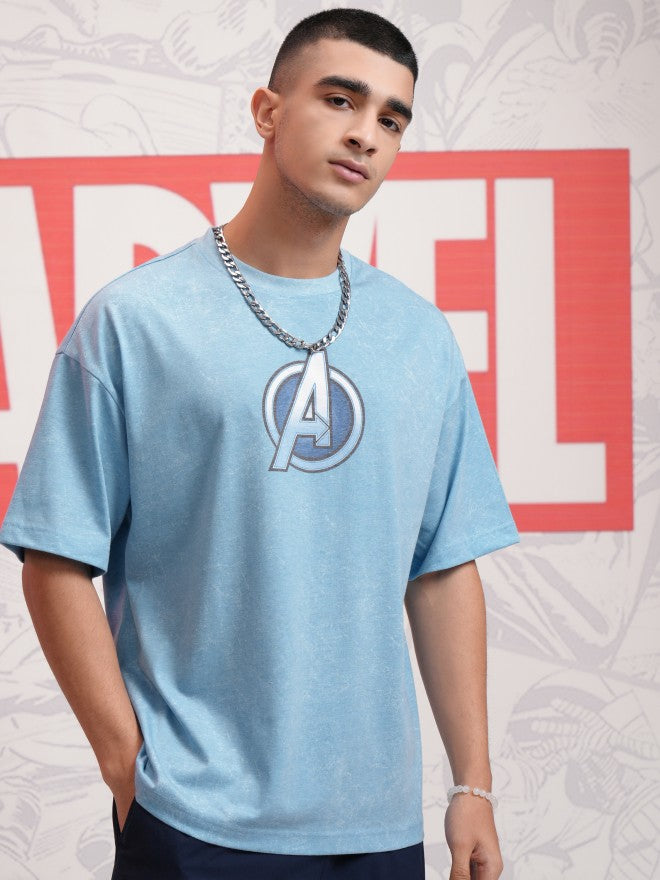 Marvel By Highlander Men Blue Avengers Printed Round Neck Oversized Fit T-Shirt - Blue - Image 3